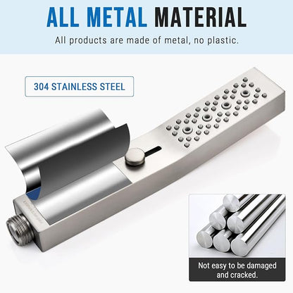 G-Promise All Metal Square 3 Function Handheld Shower Head(Brushed Nickel) | All Metal Construction, 3 Function Modes with Massage, Modern Look, Push Switch, Easy Installation
