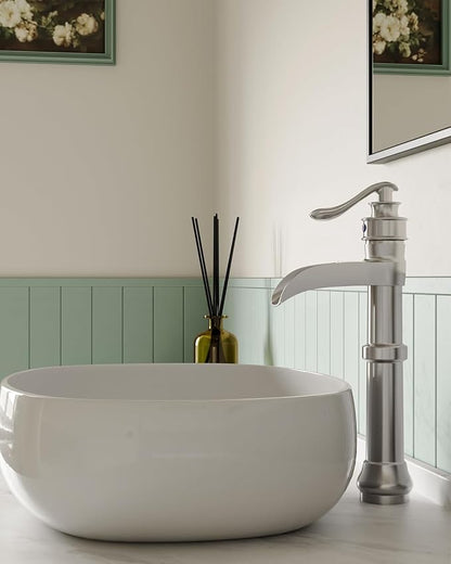 BWE Vessel Sink Faucet Waterfall Tall Brushed Nickel Bathroom Faucet | Single Handle 1 Hole Brass Countertop Lavatory Vanity Mixer Tap with Pop Up Drain and Supply Lines for RV Bar No Overflow