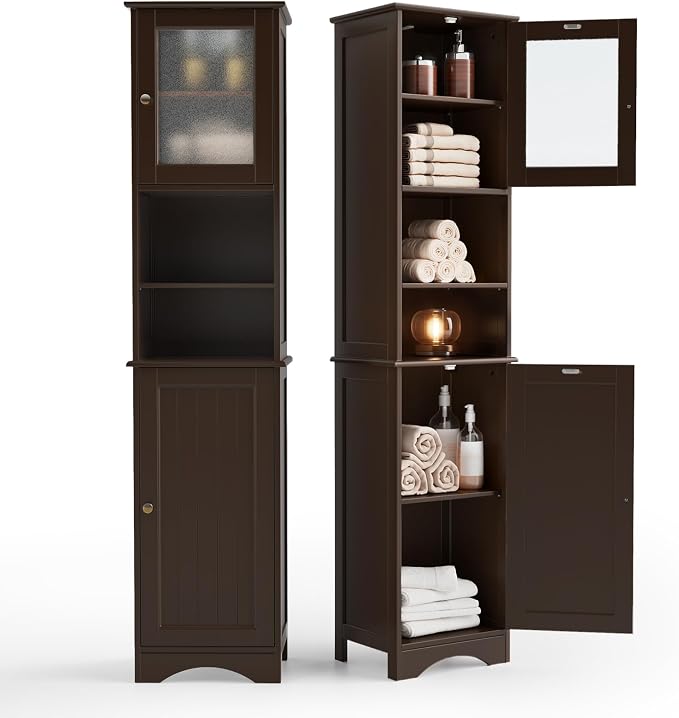 Gizoon Tall Bathroom Storage Cabinet | Freestanding Linen Cabinet with Two-Way Doors, Adjustable Shelves, for Home, Kitchen, Living Room, Dark Brown