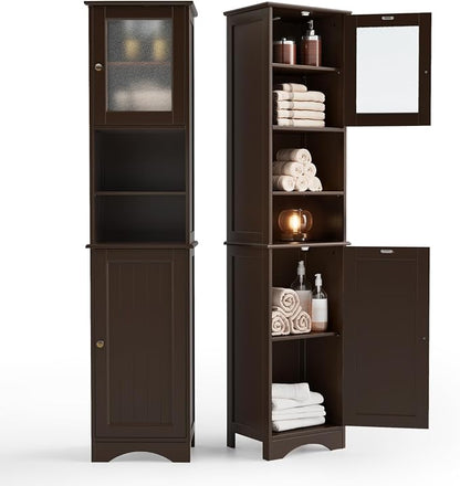 Gizoon Tall Bathroom Storage Cabinet | Freestanding Linen Cabinet with Two-Way Doors, Adjustable Shelves, for Home, Kitchen, Living Room, Dark Brown