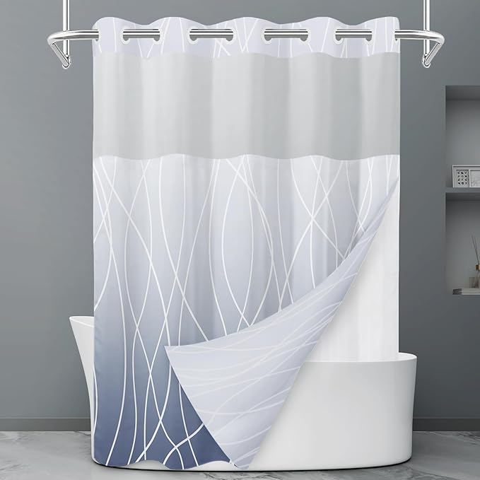 Ombre Blue No Hook Shower Curtain with Liner, 71 x 74 Inch | Stripe Pattern,Waterproof,Quick Dry,Mesh Top Window,Bottom Magnets,Hotel Style,Machine Washable,Modern,for Bathroom