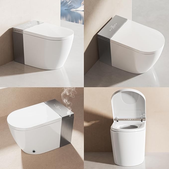 BONSAM Modern Smart Toilet for Seniors & Families, One Piece Tankless Bidet Toilet with Auto Open/Close Lid, Foam Shield, Heated Seat, Foot Kick Flush, Warm Water Wash, LED Night Light, Remote Control