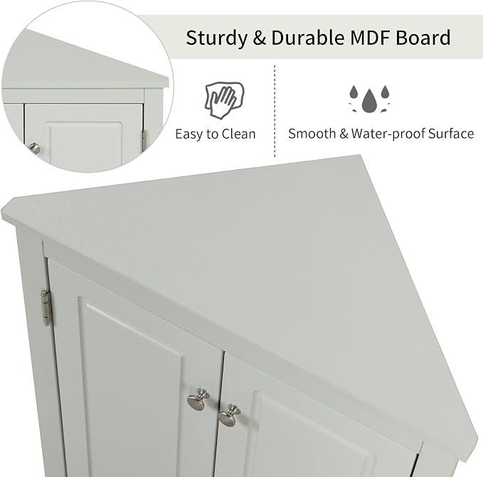 Corner Storage Cabinet with Two Doors for Bathroom, Living Room or Kitchen, Adjustable Shelf, Freestanding Floor Space Saver, Gray