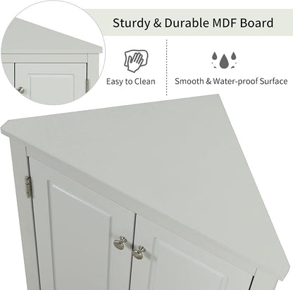 Corner Storage Cabinet with Two Doors for Bathroom, Living Room or Kitchen, Adjustable Shelf, Freestanding Floor Space Saver, Gray