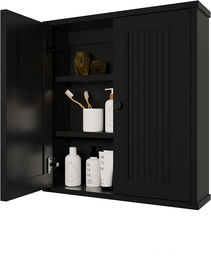 Waterproof WPC Wall-Mounted Bathroom Wall Cabinet Over The Toilet Storage Cabinet with Adjustable Shelves, Medicine Cabinet for Bathroom (Black)