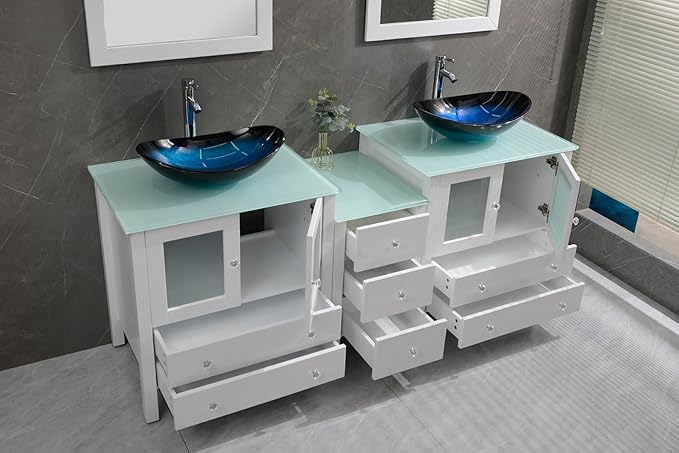 76" Freestanding Wooden Modern Bathroom Vanity with Double Vessel Sink Set Bathroom Mirror Included