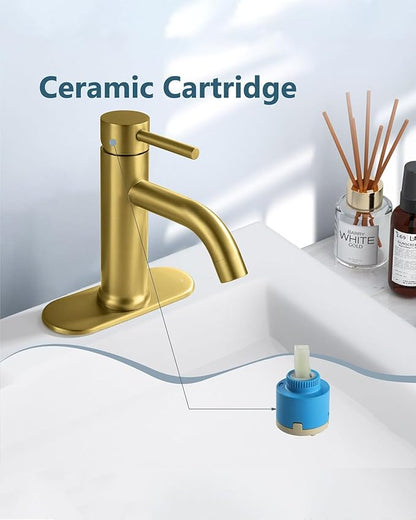 Aolemi Bathroom Faucet Single Hole,Single Handle Bathroom Sink Faucet with Supply Lines,with Pop Up Drain Assembly and Deck Plate,Gold