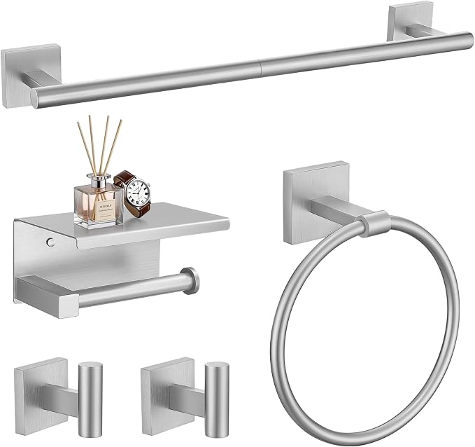 TURS 5-Pieces Brushed Nickel Bathroom Hardware Set 23.6 Inch SUS304 Stainless Steel Towel Bar Set Wall Mounted Square Toilet Paper Holder with Shelf