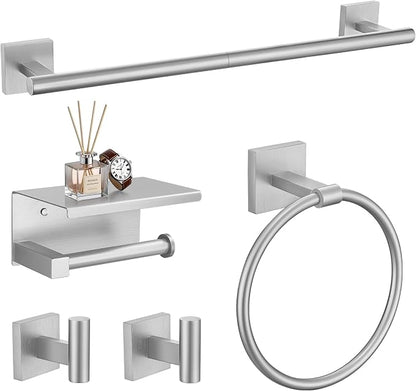 TURS 5-Pieces Brushed Nickel Bathroom Hardware Set 23.6 Inch SUS304 Stainless Steel Towel Bar Set Wall Mounted Square Toilet Paper Holder with Shelf