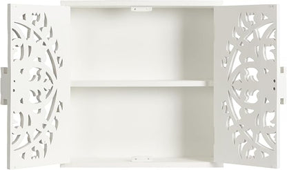 Kate and Laurel Saanvi Traditional Carved Wood Wall Cabinet; 20 x 6 x 20; White; Dimensional Over The Toilet Storage Cabinet for Bathroom Storage and Display