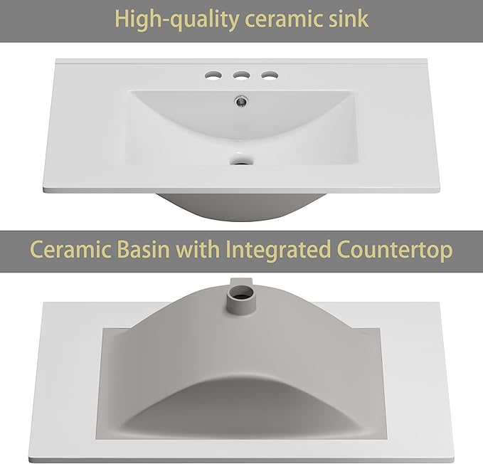 OLD CAPTAIN Bathroom Vanity with Ceramic Sink, 30" Freestanding Bathroom Quick Assembly Vanity Cabinet with Storage, Grey
