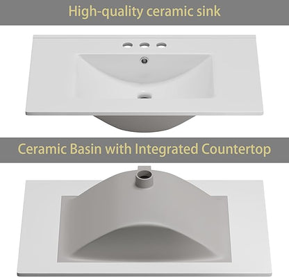 OLD CAPTAIN Bathroom Vanity with Ceramic Sink, 30" Freestanding Quick Assembly Bathroom Vanity Cabinet with Storage, White