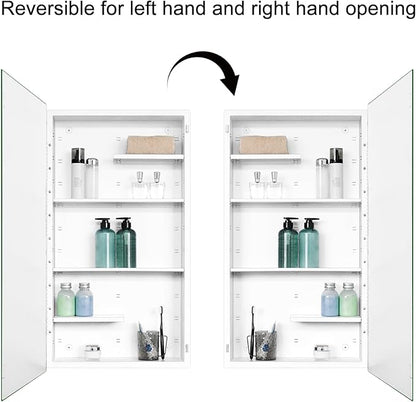 Fundin White Medicine Cabinet Recessed or Surface Mount, Bathroom Medicine Cabinet with 20 x 36 Mirror Size and Adjustable Staggered Shelves