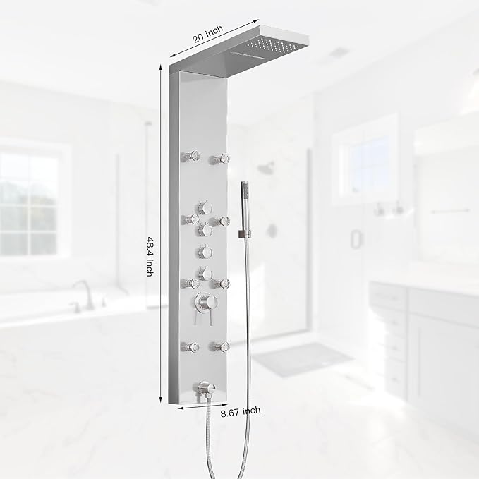 Shower Panel Tower System, 4 in 1 Stainless Steel Rainfall Shower Panels with 4-Functions, 8 Body Massage Jets, Handheld Head, Wall Mounted Brushed Nickel