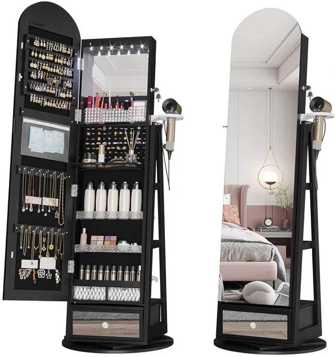 LVSOMT 64" H Arched LED Mirror Jewelry Cabinet Standing, Black | 360° Swivel Full-Length Mirror with Storage, Lockable Jewelry Organizer with Inner Makeup Shelf, Gift for Women