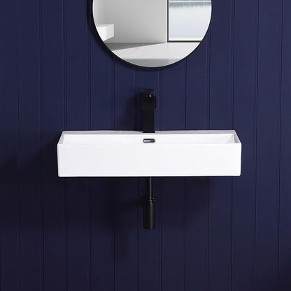 Wall Mount Bathroom Sink 28"x14" Small Vessel Sink Wall Mounted Rectangular Wall Hung Mini White Porcelain Ceramic Floating Tiny Sink with Overflow, Durable, Space-Saving, Ideal for Home,RV