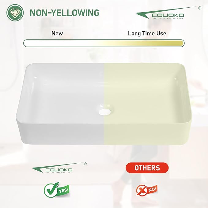 24 Inch White Rectangle Vessel Bathroom Sink | Ceramic, Above Counter, Rectangular Shape, Easy to Clean, Recommended Installation, Ideal for Bathroom, Lavatory, Vanity
