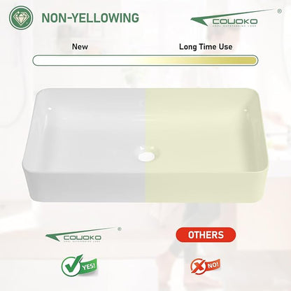 24 Inch White Rectangle Vessel Bathroom Sink | Ceramic, Above Counter, Rectangular Shape, Easy to Clean, Recommended Installation, Ideal for Bathroom, Lavatory, Vanity