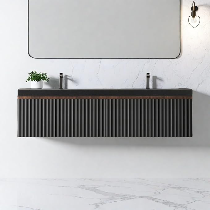Wall Mounted Bathroom Sink Vanity, Modern 60" Floating Vanity with 2 Resin Top Basins and 2 U-Shaped Soft-Close Storage Drawers, Striped Bathroom Storage Cabinet with Invisible Handle, Black