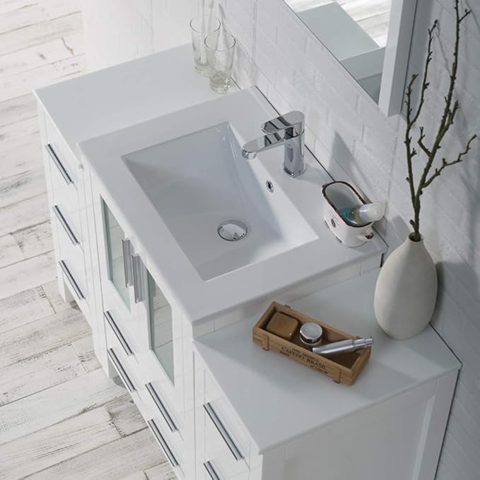 Blossom 48" Solid Wood Bathroom Vanity w/Ceramic Sink & Double Side Cabinet, Freestanding Sink Vanity, Soft-Close Drawers, Tempered Glass Doors, Ceramic Top & Side Cabinet, Glossy White