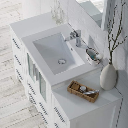 Blossom 48" Solid Wood Bathroom Vanity w/Ceramic Sink & Double Side Cabinet, Freestanding Sink Vanity, Soft-Close Drawers, Tempered Glass Doors, Ceramic Top & Side Cabinet, Glossy White