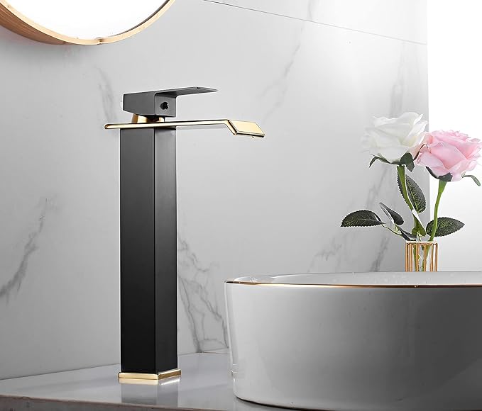 Bathroom Vessel Faucet Black Gold Waterfall One Hole Bowl Sink Faucet Bathroom Faucets Tall Single Handle Bath Vanity Lavatory Deck Mount Supply Lines Hose Commercial