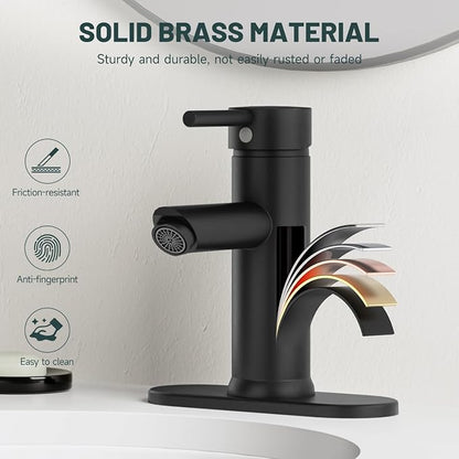 Bathroom Faucet for 1 or 3 Holes, Brass, Matte Black | Single Handle Bathroom Sink Faucets, Modern Commercial Lavatory Vanity Faucets, with Deck Plate and Supply Line, No Drain