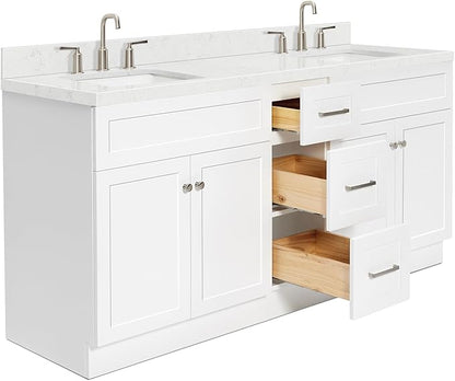 ARIEL Hamlet 72-inch Bathroom Vanity with Sink,Solid Wood, 1.5-inch Carrara White Quartz Countertop & Backsplash, Double Rectangular Porcelain Sink, 4 Soft Closing Doors, 3 Dovetail Drawers, White