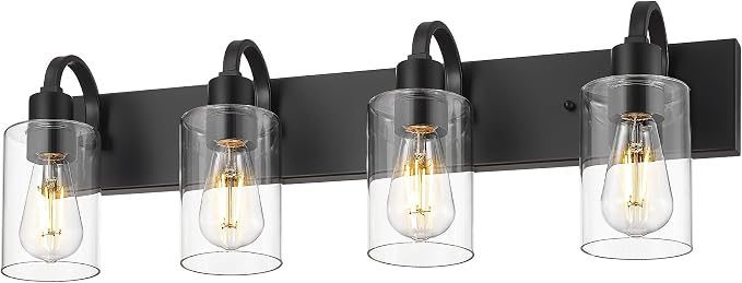 Emliviar Black Bathroom Vanity Light 4 Lights, Bath Lighting Over Mirror with Clear Glass Shade, YCE237B-4W BK