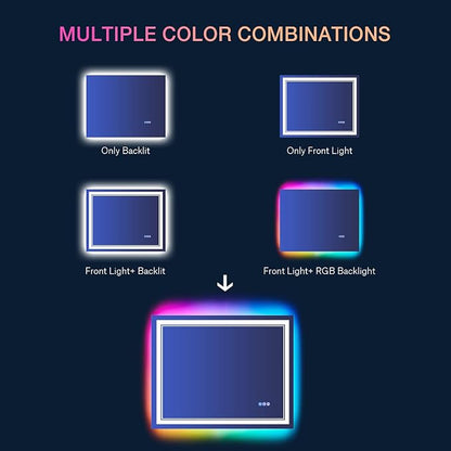 36x36 Inch RGB LED Bathroom Mirror with Lights | Front and RGB Backlit, Dimmable, Memory, Anti Fog, Shatterproof, Horizontal/Vertical, Lighted Mirrors for Bathroom Wall