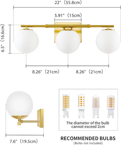 Bathroom Vanity Light Brushed Brass 3T Wall Sconce for Mirror | Modern fixture Globe Glass Shade brightness, elivers even brightness. Sturdy metal resists rust. Dresser Bathroom over Mirror