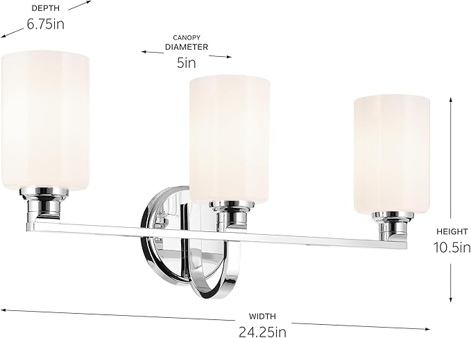 Kichler Gioe 24.25" 3-Light Vanity Light with Opal Glass in Chrome, Damp Rated, for Bathroom, Powder Room, Over a Mirror, (24.25" W x 10.5" H), 55226CH
