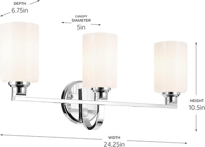 Kichler Gioe 24.25" 3-Light Vanity Light with Opal Glass in Chrome, Damp Rated, for Bathroom, Powder Room, Over a Mirror, (24.25" W x 10.5" H), 55226CH