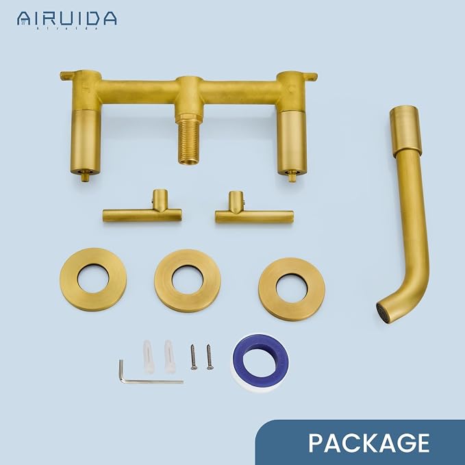 Airuida Wall Mounted Antique Brass 3 Hole Dual Handle Bathroom Faucet with 360 Swivel Spout Vanity Sink Mixer Tap, Matte Finish | Lever Handle,3 Holes,360° Widespread Swivel Spout,Rotatable Bathroom Faucet