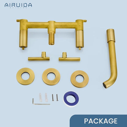 Airuida Wall Mounted Antique Brass 3 Hole Dual Handle Bathroom Faucet with 360 Swivel Spout Vanity Sink Mixer Tap, Matte Finish | Lever Handle,3 Holes,360° Widespread Swivel Spout,Rotatable Bathroom Faucet