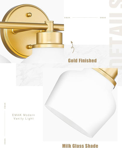 Emak Gold Vanity Light with Milk Glass Shade, Modern Bathroom Light Fixtures Over Mirror, 3-Light Bathroom Vanity Lights for Mirror, Bath, VL122-GD-ML-3