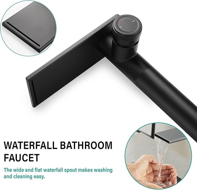becola Modern Matte Black Bathroom Faucet，Tall Waterfall Faucet for Bathroom Sink，Single Hole Cold and Hot Basin Mixer Tap，Single Handle Vanity Faucet with Adjust Knobs and Two Supply Lines