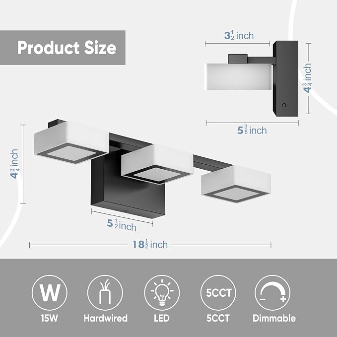 LED Modern Bathroom Light Fixtures Over Mirror, 3-Light Dimmable Vanity Lights, Matte Black Acrylic Bathroom Vanity Light, 2700K-6500K Adjustable, ETL Certificated