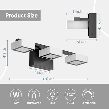 LED Modern Bathroom Light Fixtures Over Mirror, 3-Light Dimmable Vanity Lights, Matte Black Acrylic Bathroom Vanity Light, 2700K-6500K Adjustable, ETL Certificated