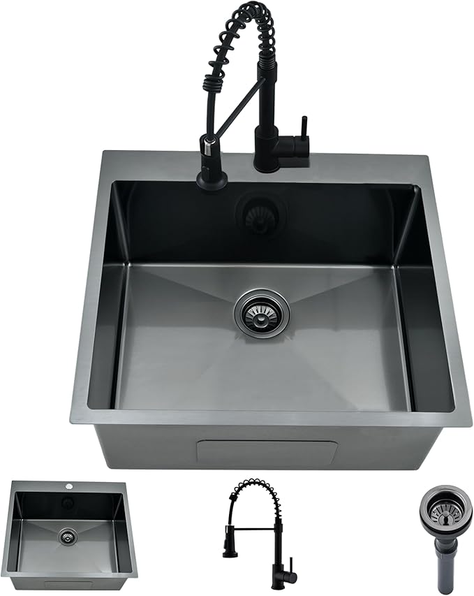 Black Drop In Laundry Sink with Faucet Combo, 25"x22"x12" Utility Sink Drop In Stainless Steel Laundry Sink 16 Gauge 12" Deep Single Bowl Kitchen Sinks