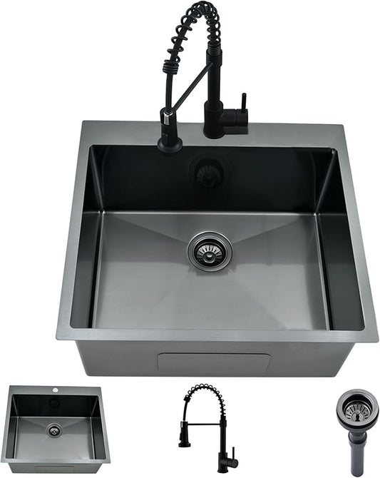 Black Drop In Laundry Sink with Faucet Combo, 25"x22"x12" Utility Sink Drop In Stainless Steel Laundry Sink 16 Gauge 12" Deep Single Bowl Kitchen Sinks