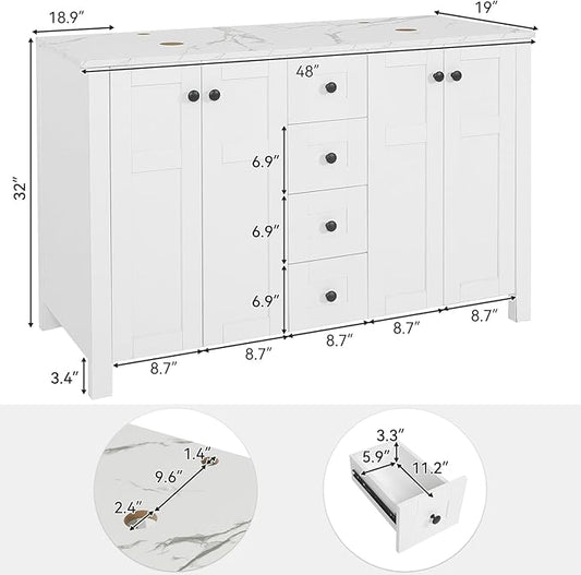 48 inch White Bathroom Vanity with Marble Texture Top and 4 Drawers, Modern Standing Pedestal Cabinet with Two Leaf Silver Glass Vessel Sinks