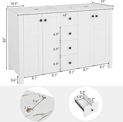 48 inch White Bathroom Vanity with Marble Texture Top and 4 Drawers, Modern Standing Pedestal Cabinet Without Sink
