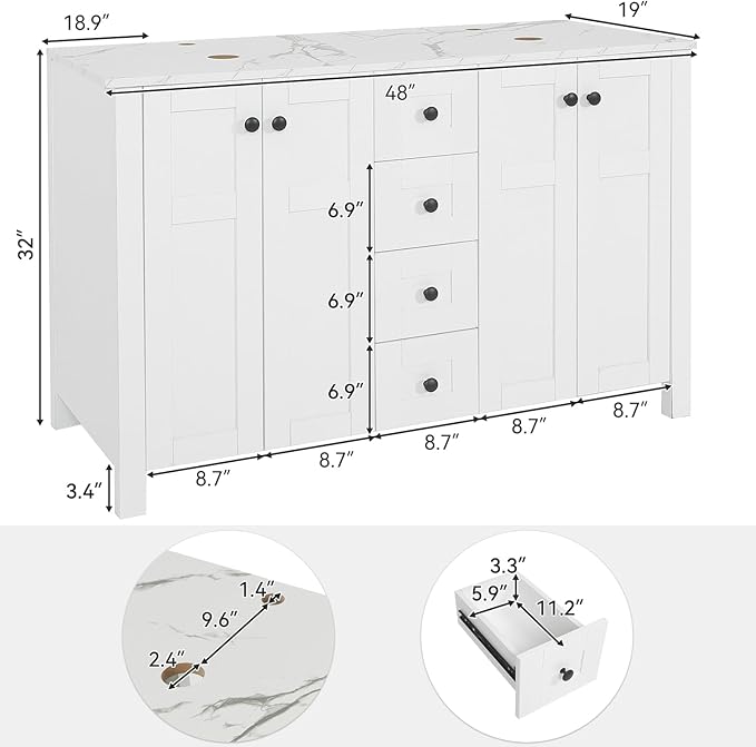 48 inch White Bathroom Vanity with Marble Texture Top and 4 Drawers, Modern Standing Pedestal Cabinet with Two White Ceramic Vessel Sinks