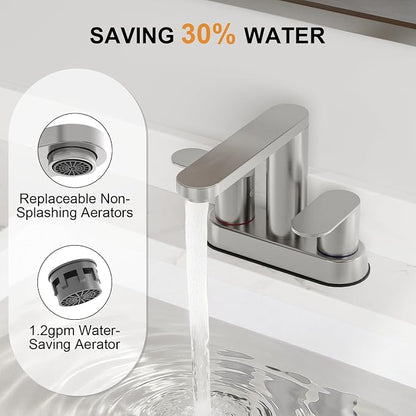 BWE Brushed Nickel Bathroom Faucets 4 in Centerset Faucet for Bathroom Sink | 2 or 3 Hole Basin 2-Handle 360° Swivel Spout Sink Faucet with Pop up Drain and Water Supply Hose for Farmhouse Vanity