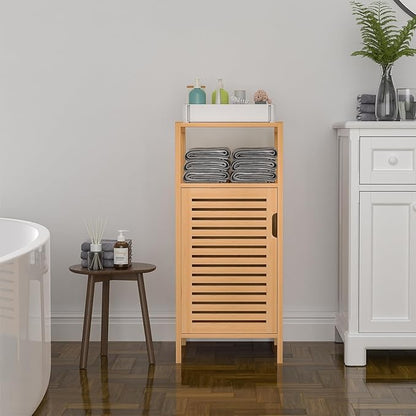 Bamboo Bathroom Storage Cabinet, Freestanding Floor Cabinet with Single Door for Living Room, Bedroom, Hallway, Kitchen