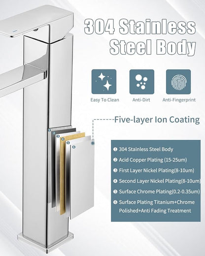 Bathroom Sink Faucet, Single Handle Bathroom Faucets with Pop-up Drain and 2 Supply Hoses, Chrome Single Hole Tall Barrel Vanity Faucet, 304 Stainless Steel
