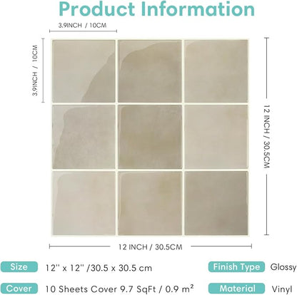 Commomy Thicker Peel and Stick Tiles 10 pcs of 12" x 12" | 3D Adhesive Square Peel and Stick Tiles Backsplash for Kitchen, Bathroom,Waterproof, Vinyl Wall Tile(Cover 10 Sq.ft)