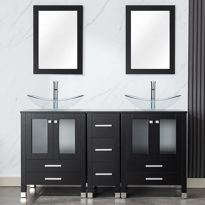LUCKWIND 60" Double 24" Bathroom Vanity with Sink Combo, Elegant Series with One 12.6-in Side Cabinet, Painted Frame, Including Clear Boat Sinks, Faucets Without Mirrors, Black