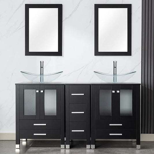 LUCKWIND 60" Double 24" Bathroom Vanity with Sink Combo, Elegant Series with One 12.6-in Side Cabinet, Painted Frame, Including Clear Boat Sinks, Faucets Without Mirrors, Black